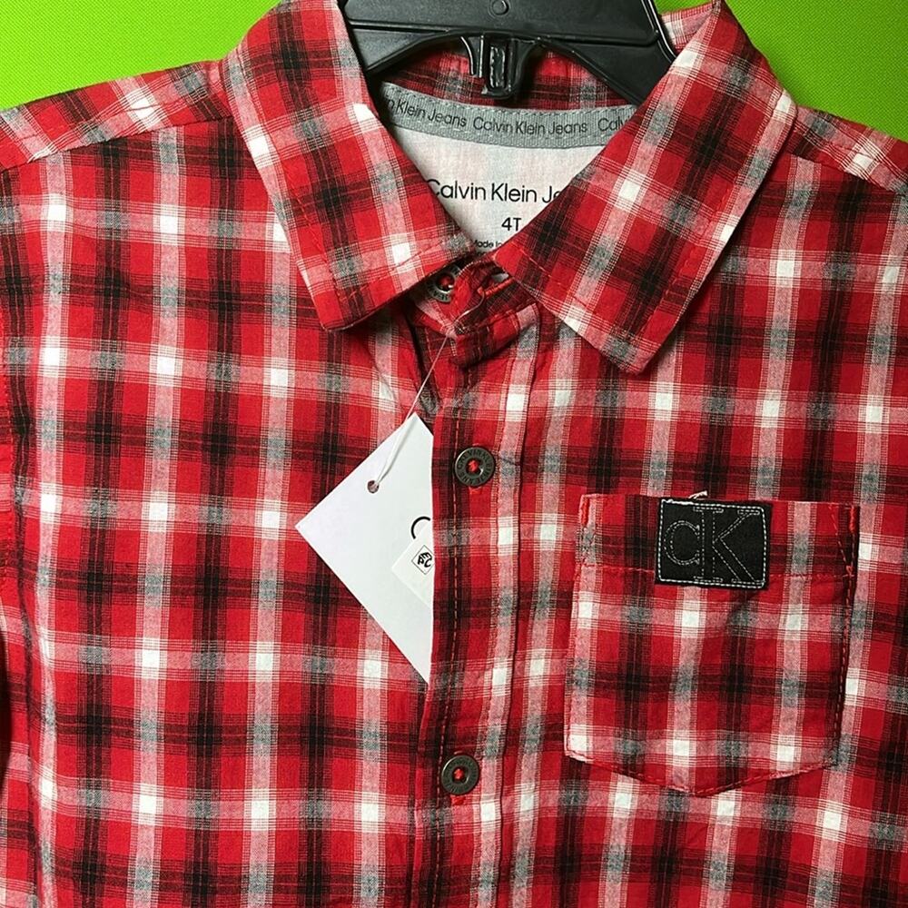 Calvin Klein Kids Red and Black Checkered Cotton Western Plaid Shirt Size 4T - Picture 2 of 4